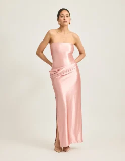Mylah Strapless Draped Satin Midi Dress