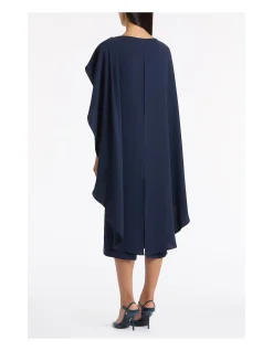 NAVY CREPE CAPE MIDI DRESS