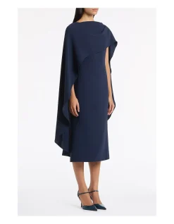 NAVY CREPE CAPE MIDI DRESS