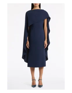 NAVY CREPE CAPE MIDI DRESS