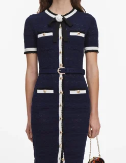 NAVY POINTELLE KNIT MIDI DRESS