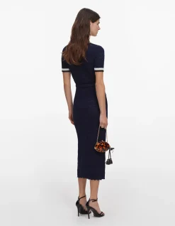 NAVY POINTELLE KNIT MIDI DRESS