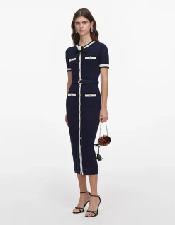 NAVY POINTELLE KNIT MIDI DRESS