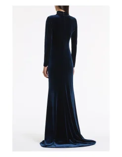 NAVY VELVET ASYMMETRIC NECK DETAIL GOWN