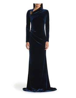 NAVY VELVET ASYMMETRIC NECK DETAIL GOWN