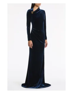 NAVY VELVET ASYMMETRIC NECK DETAIL GOWN