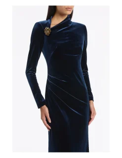 NAVY VELVET ASYMMETRIC NECK DETAIL GOWN