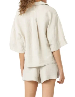 nude lucy natural linen lounge crop sleeve shirt