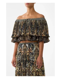OFF SHOULDER SHORT SLEEVE PLEATED TOP