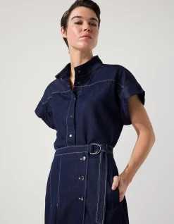 PLEATED DARK DENIM MIDI SKIRT