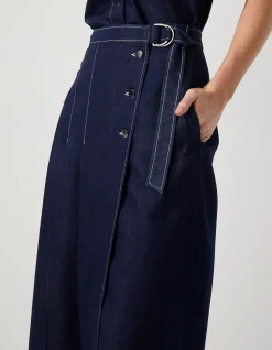 PLEATED DARK DENIM MIDI SKIRT