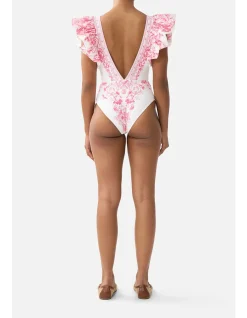 PLUNGE ONE PIECE W PLEATED RUFFLE SLEEVES
