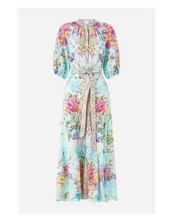 PUFF SLEEVE MIDI SHIRT DRESS WITH TIE
