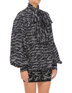 Pussy-Bow Love Letter Print Shirt