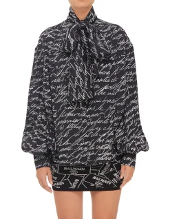 Pussy-Bow Love Letter Print Shirt