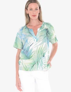Rainforest Split Neck Palm Print Top