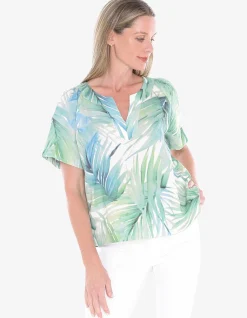 Rainforest Split Neck Palm Print Top