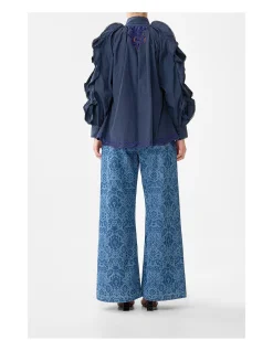RELAXED BLOUSE W FRILL SLEEVE DETAIL - NAVY