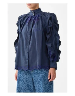 RELAXED BLOUSE W FRILL SLEEVE DETAIL - NAVY
