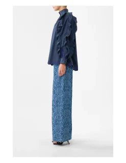 RELAXED BLOUSE W FRILL SLEEVE DETAIL - NAVY