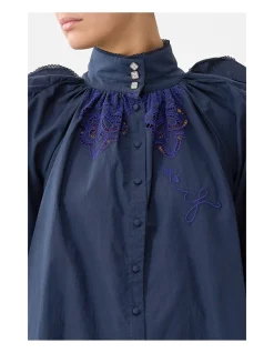 RELAXED BLOUSE W FRILL SLEEVE DETAIL - NAVY