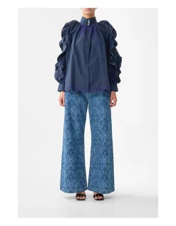 RELAXED BLOUSE W FRILL SLEEVE DETAIL - NAVY
