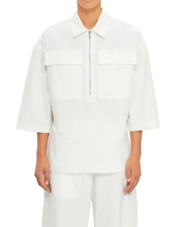 Relaxed Fit Half Zip Shirt with Embroidered Logo
