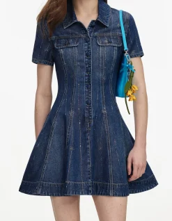 RHINESTONE STRIPE DENIM MINI DRESS