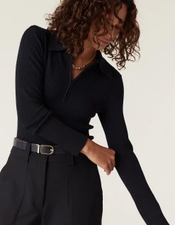 RIB KNIT POLO ZIP TOP