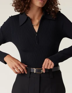 RIB KNIT POLO ZIP TOP