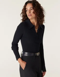 RIB KNIT POLO ZIP TOP