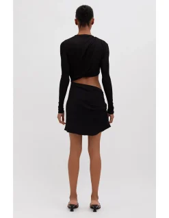 RIBBED TWIST LONG SLEEVE DRAPE MINI DRESS