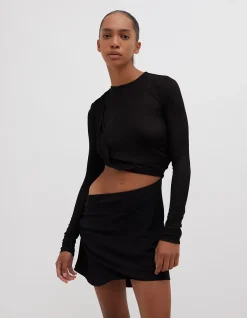 RIBBED TWIST LONG SLEEVE DRAPE MINI DRESS