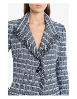 Royal Metallic Check Tweed Fringed Longline Coat