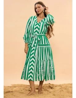 Sea Breeze Green Stripe Tiered Midi Dress
