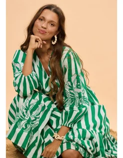 Sea Breeze Green Stripe Tiered Midi Dress