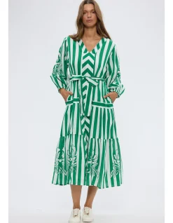 Sea Breeze Green Stripe Tiered Midi Dress