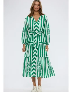 Sea Breeze Green Stripe Tiered Midi Dress