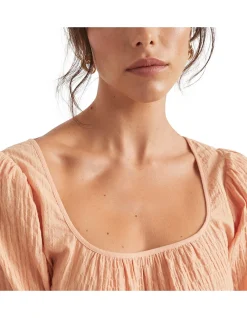 Seersucker Crop Top with Puffed Sleeves