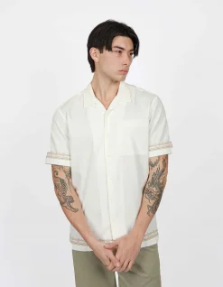 SHORT SLEEVE AZTEC EMBROIDED CUBAN COLLAR COTTON SHIRT