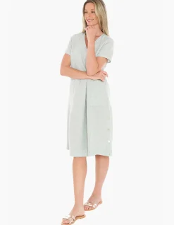 Side Button Linen V Neck Midi Dress