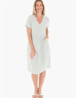Side Button Linen V Neck Midi Dress