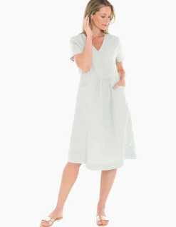 Side Button Linen V Neck Midi Dress