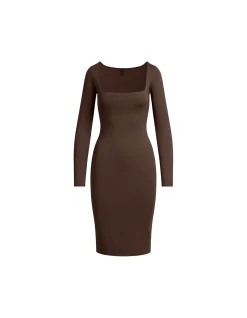 SMOOTH LAYERS SQUARE NECK LONG SLEEVE MIDI DRESS