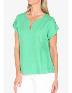 Split Neck Tab Sleeve Boxy Linen Top