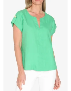 Split Neck Tab Sleeve Boxy Linen Top