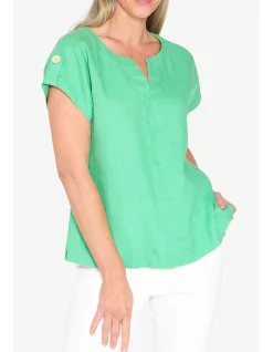Split Neck Tab Sleeve Boxy Linen Top