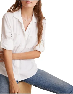 Split Back Button Down Long Sleeve Shirt White