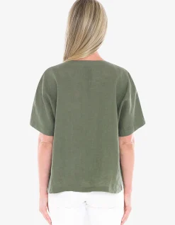Split Neck Two Pocket Linen Relaxed Top