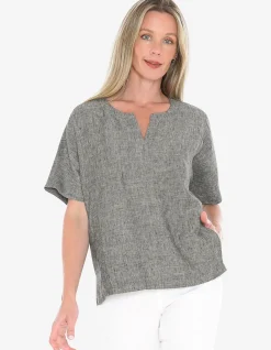 Split Neck Two Pocket Linen Relaxed Top